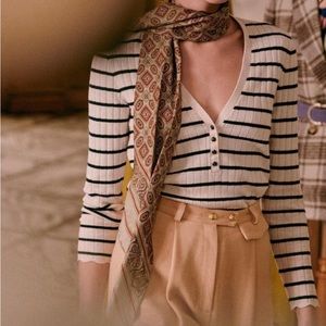 La Maille Sezane Merino Wool LOU JUMPER Ribbed Stripped Scallop Cuff Sweater XL